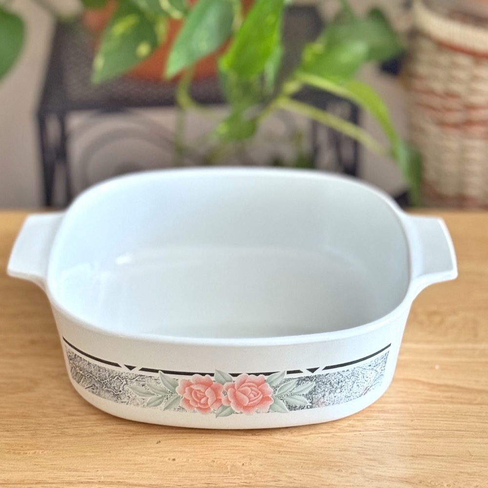 Vintage 90s CorningWare Silk & Roses 2L Casserole Dish Pink Floral VGUC No Lid